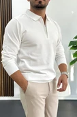 Erkek Yarım Fermuarlı Düz Desen Polo Yaka Kazak Beyaz Edw424 thumbnail 2