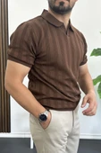 Erkek Açık Yaka Desenli Tişört Kahverengi Edw385 thumbnail 2