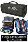 4 Gözlü Kalem Çantası 1 Adet Dört Bölümlü Kalemlik Sanatsal Şeffaf Bölmeli Kulplu Taşınabilir Kumaş Kalemlik - 1