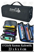 4 Gözlü Kalem Çantası 1 Adet Dört Bölümlü Kalemlik Sanatsal Şeffaf Bölmeli Kulplu Taşınabilir Kumaş Kalemlik - 6