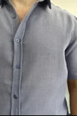 Erkek Kısa Kollu Keten Görünümlü Gömlek Mavi Edw389 thumbnail 4