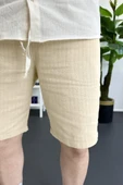 Erkek Beli Lastikli Keten Kumaş Şort Krem Edw370 thumbnail 3