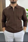 Erkek Yarım Fermuarlı Polo Yaka Mevsimlik Kazak Kahverengi Edw195 thumbnail 1