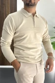 Erkek Slim Fit Çizgi Detaylı Polo Yaka Kazak Krem Edw427 thumbnail 2