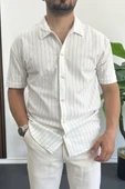Erkek Dik Çizgili Kısa Kollu Gömlek Krem Edw387 thumbnail 1