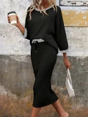 MDB Kadın Uzun Kollu Yakası Açık şardonlu Kaşkorse Bluz Ve Eteği Bağcıklı Ikili Takım thumbnail 4