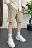 Erkek Beli Lastikli Keten Kumaş Şort Kahverengi Edw370 thumbnail 3