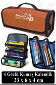 4 Gözlü Kalem Çantası 1 Adet Dört Bölümlü Kalemlik Sanatsal Şeffaf Bölmeli Kulplu Taşınabilir Kumaş Kalemlik - 7