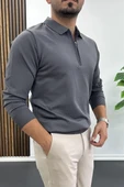 Erkek Yarım Fermuarlı Düz Desen Polo Yaka Kazak Antrasit Edw424 thumbnail 2