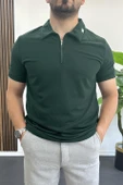 Erkek Yakası ve Kolu Nakış Detaylı Polo Yaka Fermuarlı Tişört Yeşil Edw392 thumbnail 1