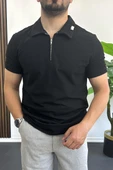 Erkek Yakası ve Kolu Nakış Detaylı Polo Yaka Fermuarlı Tişört Siyah Edw392 thumbnail 1