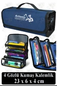 4 Gözlü Kalem Çantası 1 Adet Dört Bölümlü Kalemlik Sanatsal Şeffaf Bölmeli Kulplu Taşınabilir Kumaş Kalemlik - 2
