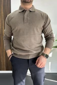 Erkek Düğmeli Polo Yaka Kazak Açık Kahverengi Edw231 thumbnail 1