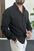 Erkek Viskon Kumaş Uzun Kollu Gömlek Siyah Edw391 thumbnail 2