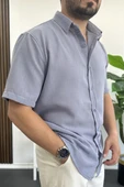 Erkek Kısa Kollu Keten Görünümlü Gömlek Mavi Edw389 thumbnail 2