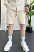 Erkek Beli Lastikli Keten Kumaş Şort Krem Edw370 thumbnail 2