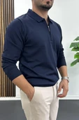 Erkek Yarım Fermuarlı Düz Desen Polo Yaka Kazak Lacivert Edw424 thumbnail 2