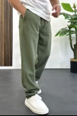 Erkek Rahat Kalıp Keten Görünümlü Pamuklu Beli Lastikli Pantolon Yeşil Edw404 thumbnail 1