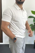 Erkek Yakası ve Kolu Nakış Detaylı Polo Yaka Fermuarlı Tişört Beyaz Edw392 thumbnail 2