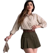 Kemerli Kapak Detaylı  Etek - HAKİ - 1