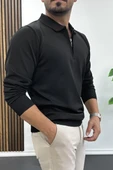 Erkek Yarım Fermuarlı Düz Desen Polo Yaka Kazak Siyah Edw424 thumbnail 2
