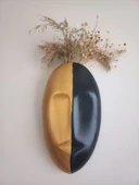 İki Renkli Soyut İnsan Yüzü Duvar Vazosu, Maske Duvar Süsü, Aksesuar Siyah-Gold thumbnail 4