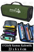4 Gözlü Kalem Çantası 1 Adet Dört Bölümlü Kalemlik Sanatsal Şeffaf Bölmeli Kulplu Taşınabilir Kumaş Kalemlik - 8