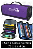 4 Gözlü Kalem Çantası 1 Adet Dört Bölümlü Kalemlik Sanatsal Şeffaf Bölmeli Kulplu Taşınabilir Kumaş Kalemlik - 4