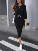 MDB Kadın Uzun Kollu Yakası Açık şardonlu Kaşkorse Bluz Ve Eteği Bağcıklı Ikili Takım thumbnail 2