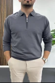 Erkek Yarım Fermuarlı Düz Desen Polo Yaka Kazak Antrasit Edw424 thumbnail 1