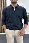 Erkek Yarım Fermuarlı Düz Desen Polo Yaka Kazak Lacivert Edw424 thumbnail 1
