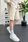 Erkek Beli Lastikli Keten Kumaş Şort Krem Edw370 thumbnail 1
