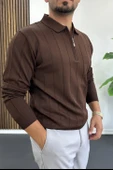 Erkek Yarım Fermuarlı Polo Yaka Mevsimlik Kazak Kahverengi Edw195 thumbnail 2