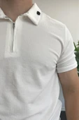 Erkek Yakası ve Kolu Nakış Detaylı Polo Yaka Fermuarlı Tişört Beyaz Edw392 thumbnail 4