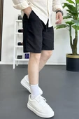 Erkek Beli Lastikli Keten Kumaş Şort Siyah Edw370 thumbnail 1