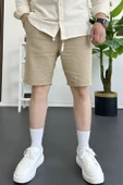 Erkek Beli Lastikli Keten Kumaş Şort Kahverengi Edw370 thumbnail 1