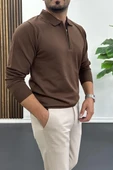 Erkek Yarım Fermuarlı Düz Desen Polo Yaka Kazak Kahverengi Edw424 thumbnail 2