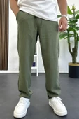 Erkek Rahat Kalıp Keten Görünümlü Pamuklu Beli Lastikli Pantolon Yeşil Edw404 thumbnail 2