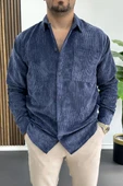 Erkek Kadife Kumaş Gömlek Mavi Edw415 thumbnail 1