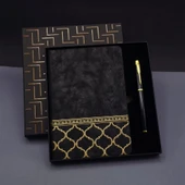 Gold Desen Siyah Deri Defter Kalem Set thumbnail 1