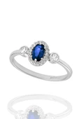 Minera Serisi 925 Ayar Gümüş Mavi Safir Zirkon Taşlı Oval Yüzük - 1