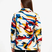 Kadın Yarım Fermuarlı Desenli Polar Sweat – Renkli Abstract Desen Yakalı, Uzun Kollu, Oversize Rahat Kalıp - Beyaz - 2