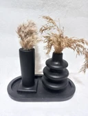 Dekoratif  3 Parça Tabaklı Vazo Set Siyah Dekor thumbnail 4