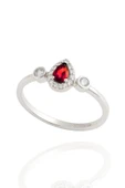 Minera Serisi 925 Ayar Gümüş Kırmızı Lal Zirkon Taşlı Damla Yüzük - 1