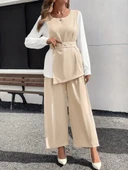 MDB Kadın Uzun Kollu Açık Yakalı çift Renkli Kemerli Ithal Krep Ikili Takım thumbnail 1