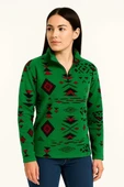 Kadın Yarım Fermuarlı Desenli Polar Sweat Tribal Etnik Desen Yakalı, Uzun Kollu, Oversize Rahat Kalıp - Yeşil - 3