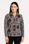 Kadın Yarım Fermuarlı Desenli Polar Sweat Tribal Etnik Desen Yakalı, Uzun Kollu, Oversize Rahat Kalıp - Füme - 1