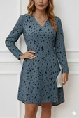 MDB Kadın Uzun Kollu V Yakalı Desenli Kısa Keten Elbise thumbnail 1