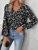 MDB Kadın Uzun Kollu V Yakalı çiçek Desenli Modal Bluz thumbnail 2