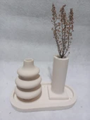 Dekoratif  3 Parça Tabaklı Vazo Set Beyaz Dekor thumbnail 3